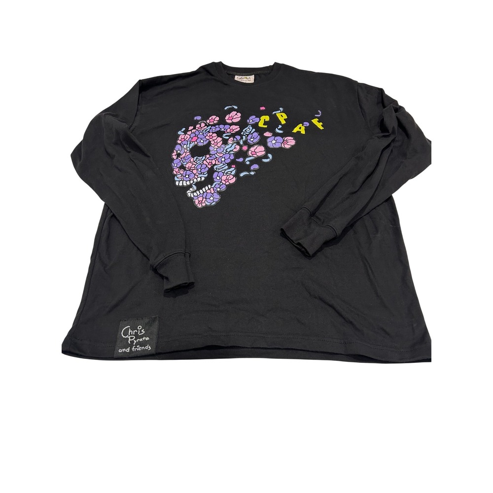 Chris Pyrate and Friends Black Long Sleeve Skull Flower‎ Graphic T Shirt XL